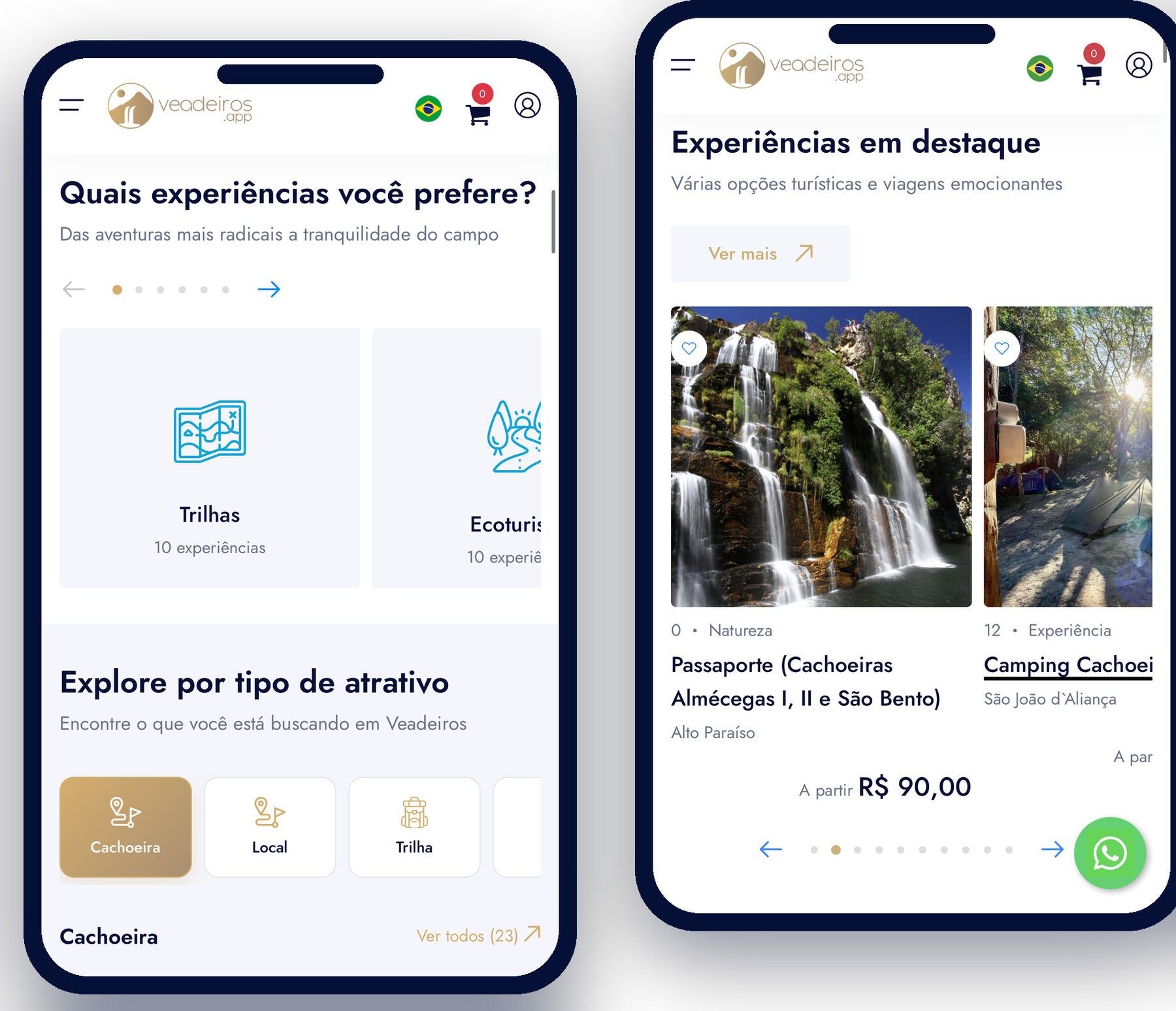Telas do Veadeiros.app com a vitrine de experiências e a página de venda do passeio
