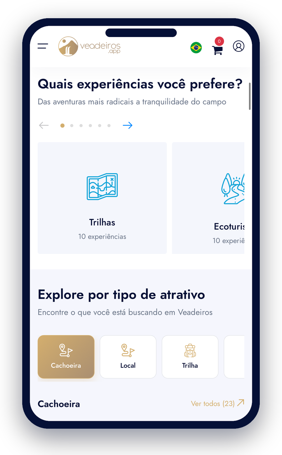 Navegação por tipo de experiência e de atrativo