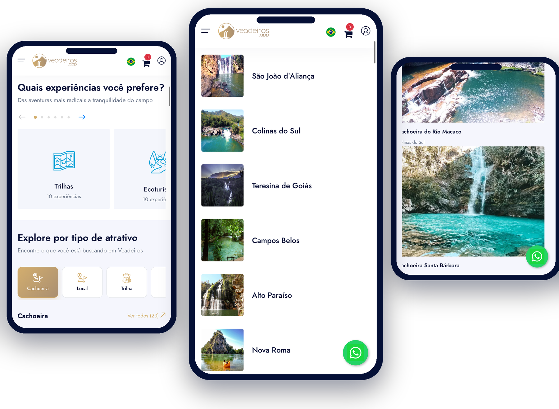 Três telas do aplicativo Veadeiros.app: busca de experiências, destinos e página de venda